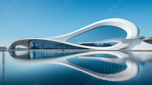 Imagine a 3D white architectural interior design, both modern and contemporary. It features curved walls, indoors and outdoors, against a backdrop of blue architecture on a sunny day