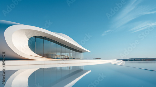 Imagine a 3D white architectural interior design, both modern and contemporary. It features curved walls, indoors and outdoors, against a backdrop of blue architecture on a sunny day