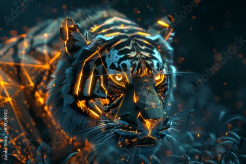 digital glowing tiger of 3d triangular polygons