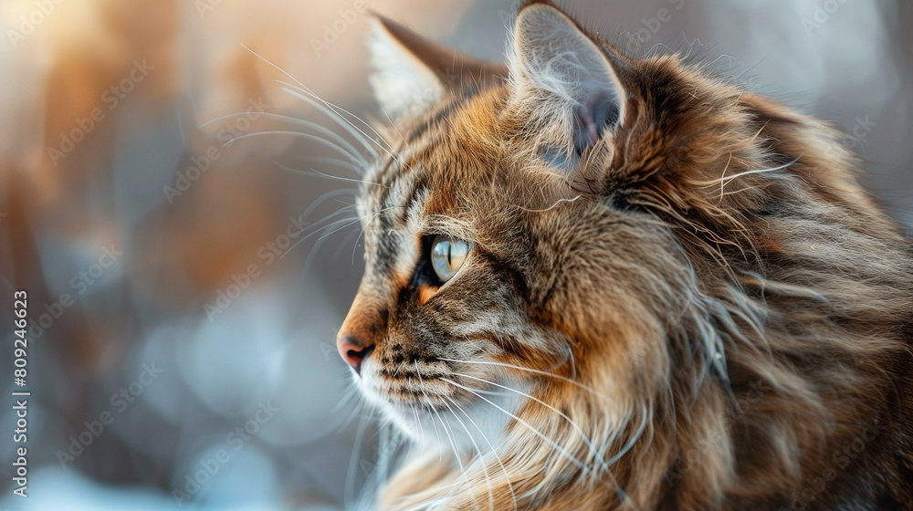 Portrait of Maine Coon cat with blue eyes in winter forest Portrait of Maine Coon cat with blue eyes in winter forest