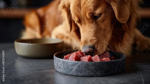 A close-up of a golden retriever eating raw beef chunks from a simple ceramic bowl on a plain background