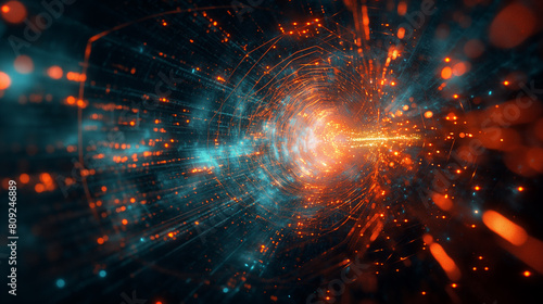 A bright blue and orange spiral of light with a bright orange spot in the middle