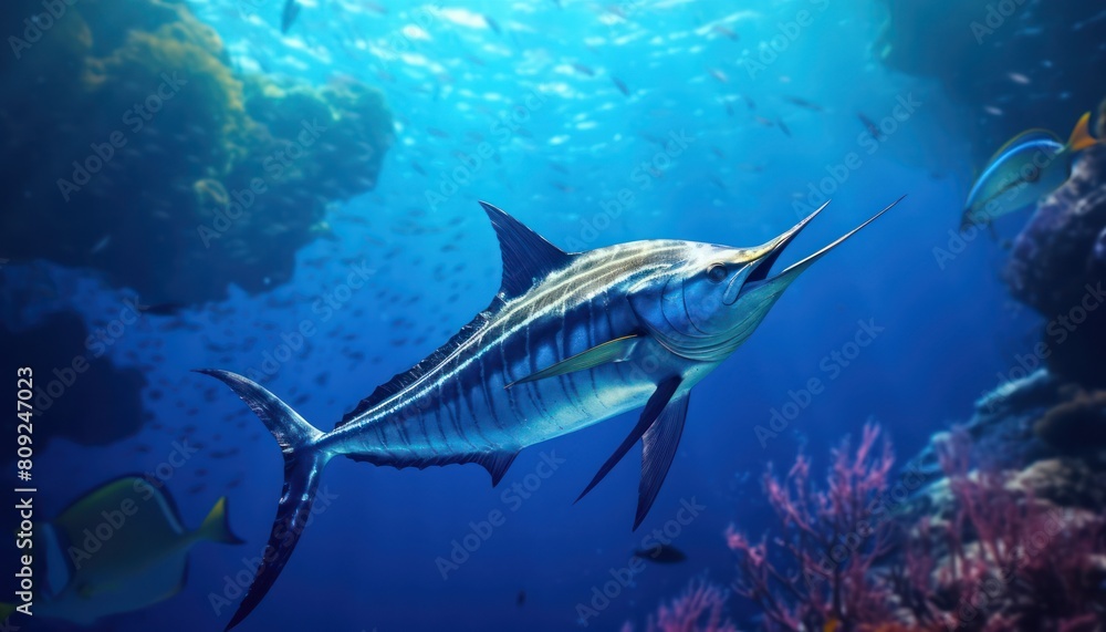 Fototapeta premium Giant Marlin fish in the ocean, beautiful view of marlin fish in the blue ocean