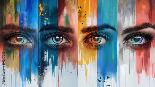 A painting of four eyes with different colors and shades