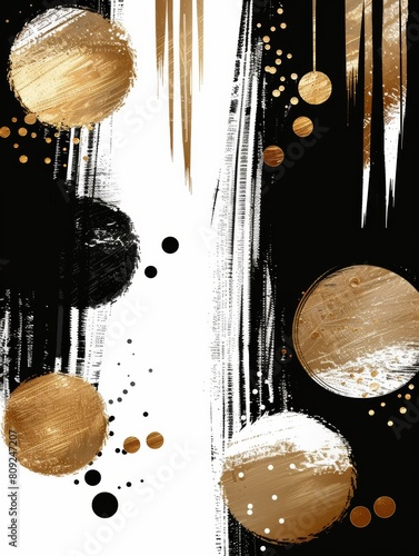 A painting featuring an abstract composition of shimmering gold and bold black circles on a dark background