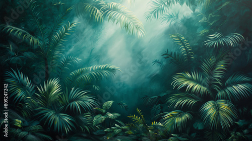 A painting of a jungle with green leaves and a blue sky