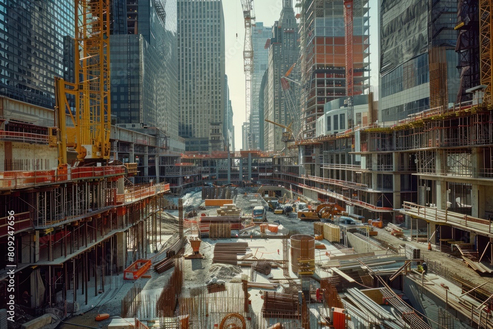 Fototapeta premium A construction site in a city with a crane in the background