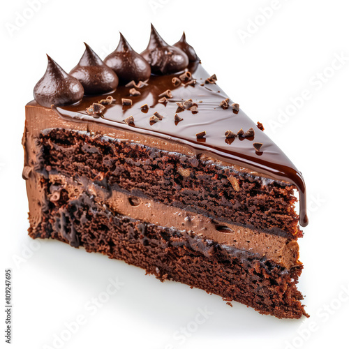 A slice of chocolate cake with glossy chocolate ganache, isolated on a white background 
