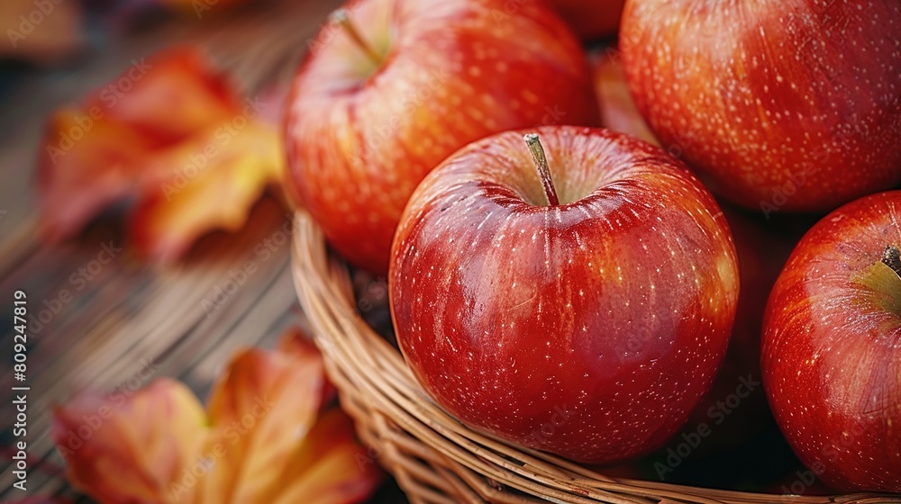 A tablecloth covers the floor and has a leafy design, while a red apple basket sits atop the table next to it A tablecloth covers the floor and has a leafy design, while a red apple basket sits atop the table next to it