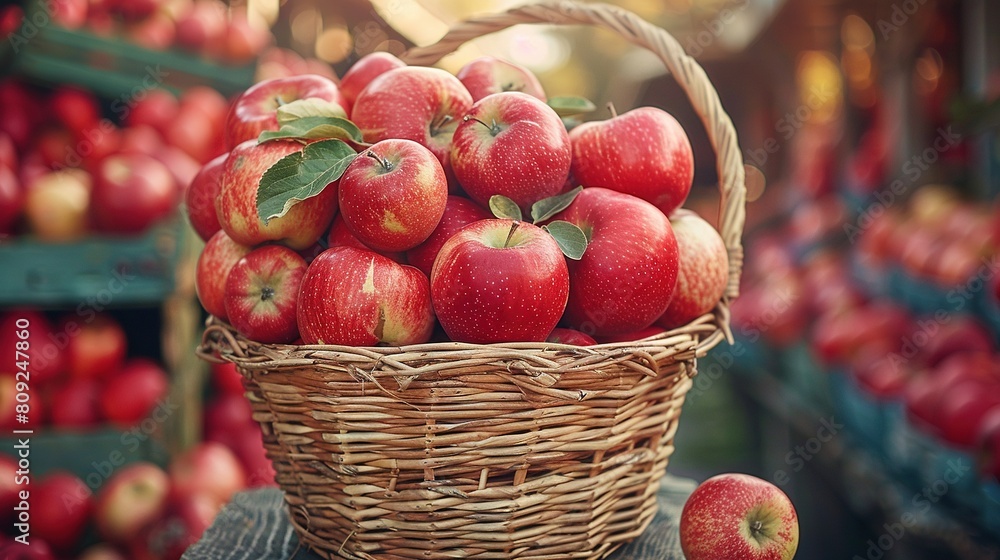 Basket of red apples on wooden table surrounded by other apples Basket of red apples on wooden table surrounded by other apples