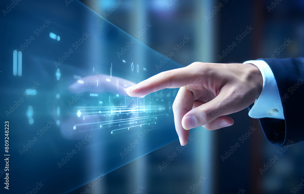 Businessman pointing at his business presentation on the high te Businessman pointing at his business presentation on the high te