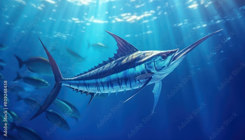 Obraz premium Giant Marlin fish in the ocean, beautiful view of marlin fish in the blue ocean