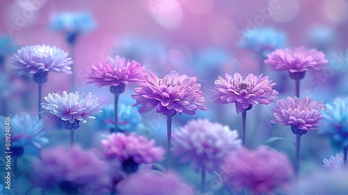   A field of vibrant purple and blue flowers against a soft pink and blue boke of blurry light in the background