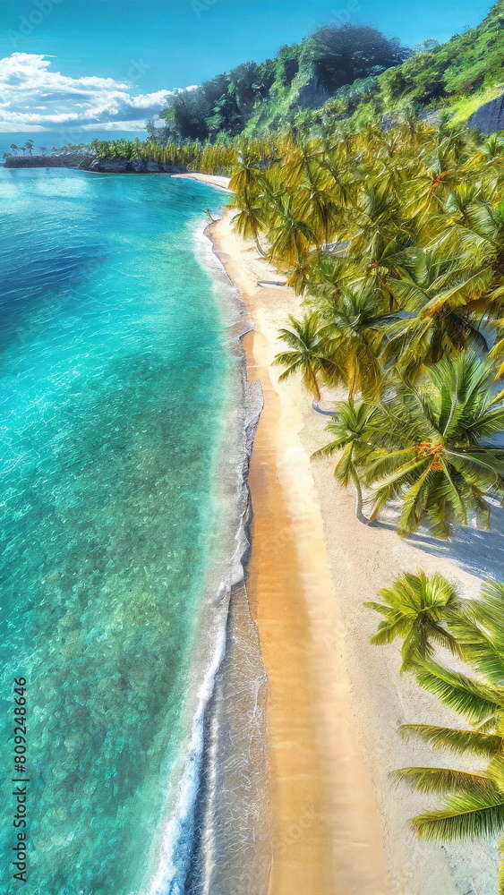 Aerial View of Pristine Beach with Crystal Clear Water and Lush Palm Trees. Tropical Beach, luxury travel concept Aerial View of Pristine Beach with Crystal Clear Water and Lush Palm Trees. Tropical Beach, luxury travel concept