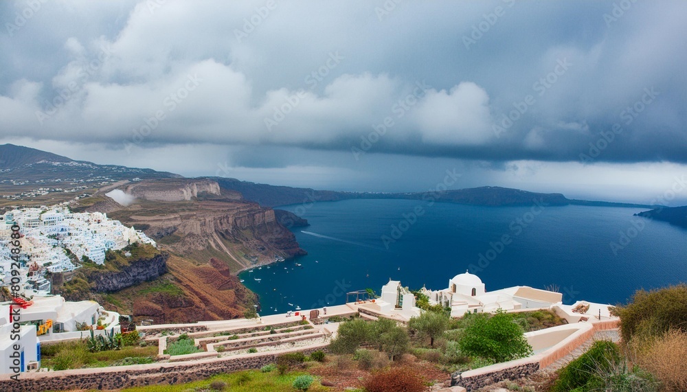 santorini island greece rainy clouds over the island beautiful sea view