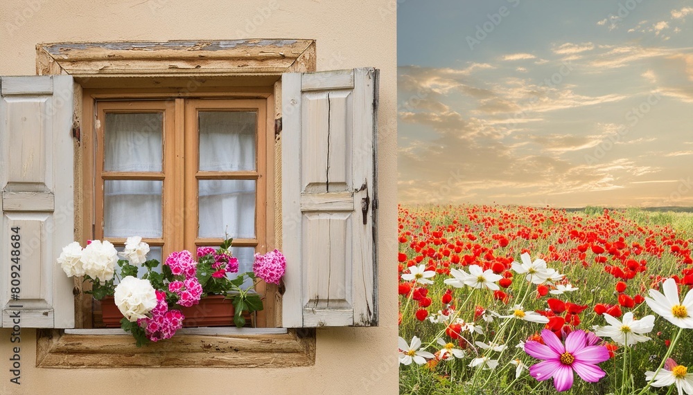 old window and flowers in summer illustration