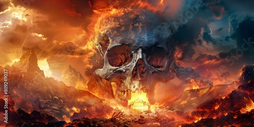Gateway to the Demonic Lord: Sinister Giant Skeleton Skull in Fiery Underworld Landscape. Concept Fantasy Illustration, Demonic Lord, Giant Skeleton Skull, Fiery Underworld, Sinister Landscape photo