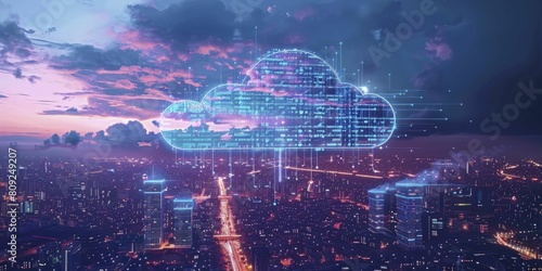 Futuristic urban skyline with interconnected data streams and digital clouds at twilight.