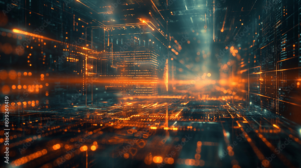A computer generated image of a cityscape with bright orange lights A computer generated image of a cityscape with bright orange lights