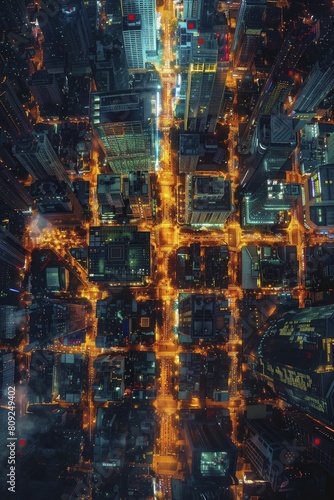 Night aerial view of a smart city's transportation grid, lit by dynamic, adaptive streetlights.