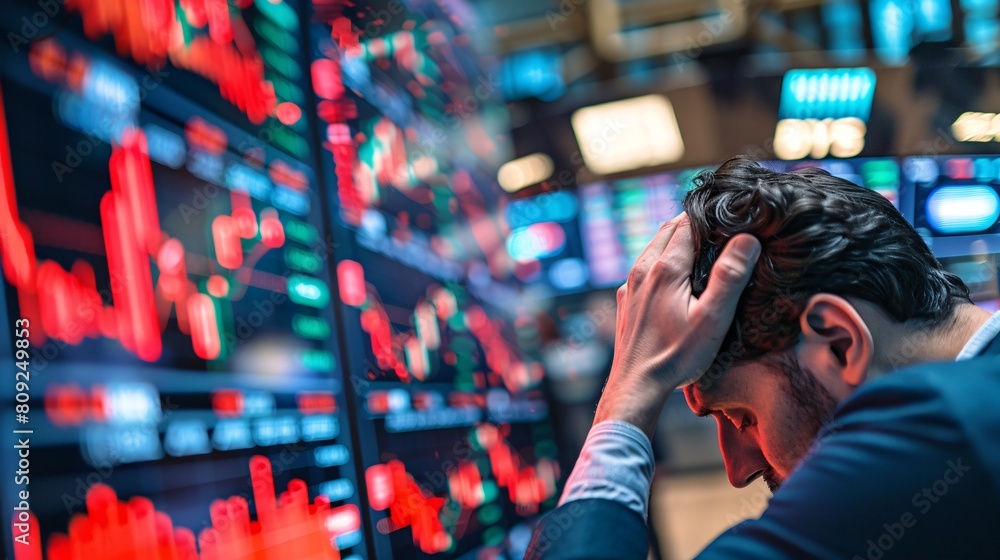 Stressed Businessman Experiencing Market Crash at Stock Exchange Stressed Businessman Experiencing Market Crash at Stock Exchange