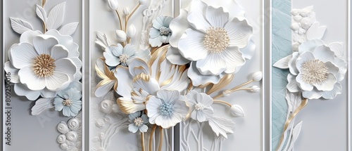 Elegant White Flowers with Gold Accents Against Blue Wall