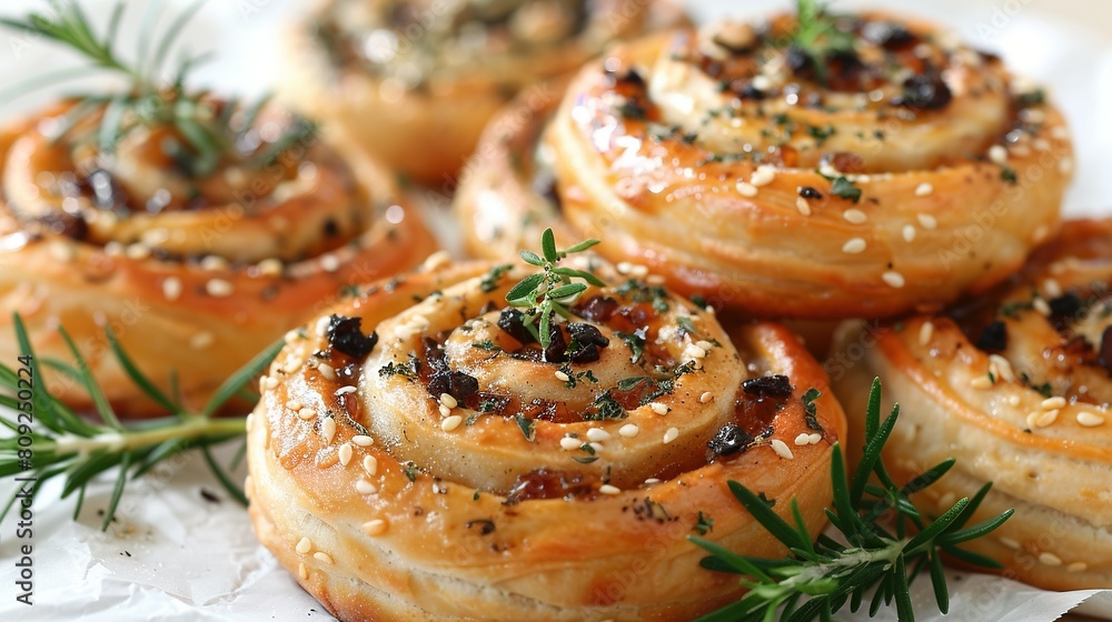 A close-up of several doughnuts adorned with sprinkles and olives on a sheet of paper A close-up of several doughnuts adorned with sprinkles and olives on a sheet of paper