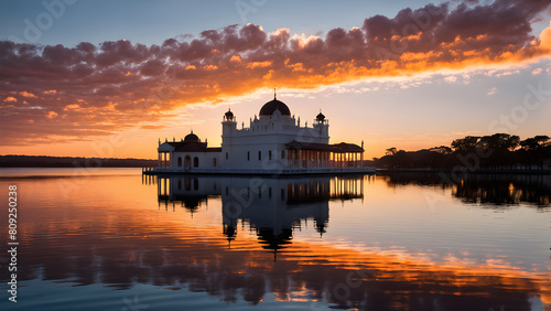 sunset over the lake and landmark