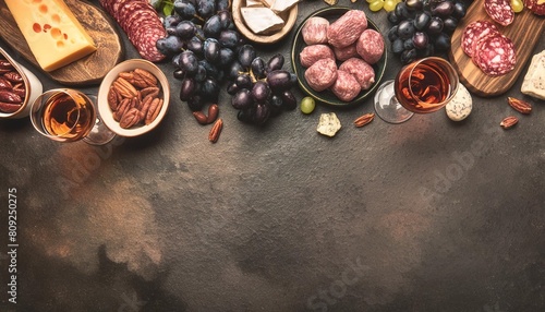 variety of charcuterie cheeses meats and appetizers overhead view top border on a dark stone background with copy space
