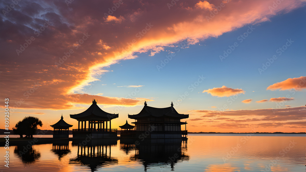 sunset over the lake and landmark sunset over the lake and landmark