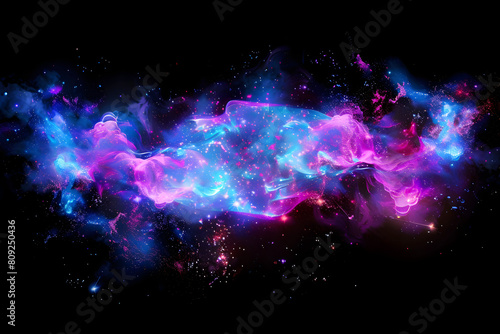 Electric neon galaxy art with bright blue and pink cosmic elements. Energetic design on black.