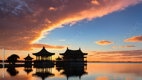 sunset over the lake and landmark