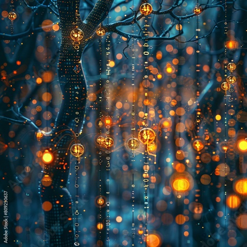 Abstract Ethereal Digital Forest Scene with Glowing Lights and Binary Code