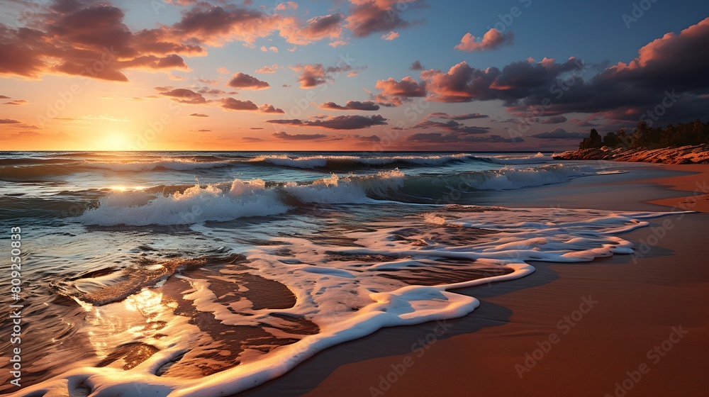 a sunset over a beach with waves crashing on the sand a sunset over a beach with waves crashing on the sand