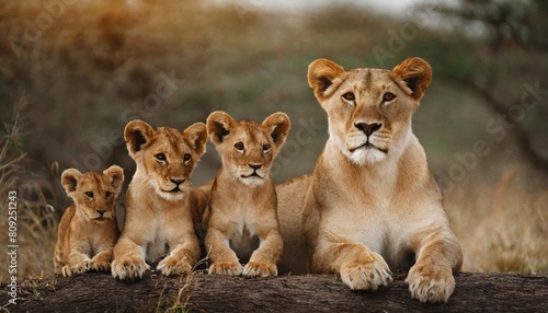 lioness staying together with her playful cubs in mashatu game reserve in the tuli block in botswana