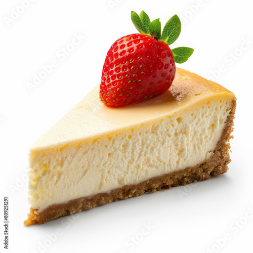 A piece of classic New York cheesecake with a strawberry on top isolated on white background 