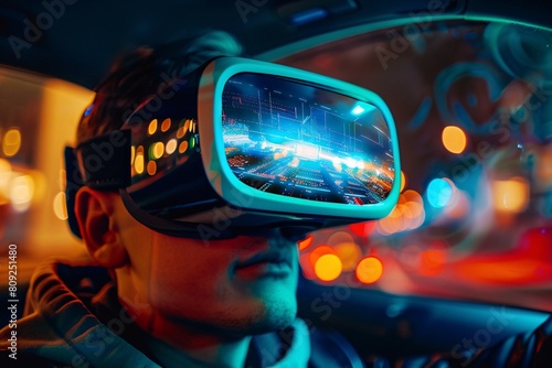 Young Man Experiencing Virtual Reality in a Futuristic Urban Setting at Night