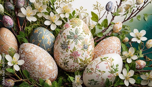 close up of easter eggs with stunningly detailed floral patterns generative ai