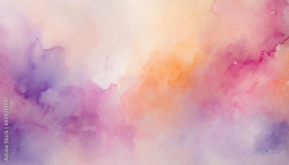 abstract watercolor background painting in pastel pink purple and orange cloudy colors with painted watercolor wash texture