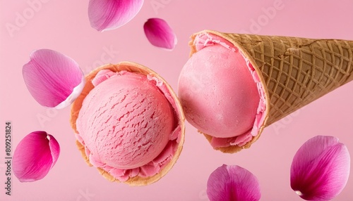 levitating pink ice cream scoops with cone on pink background