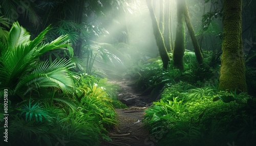dreamy fantasy deep jungle lush vegetation digital illustration
