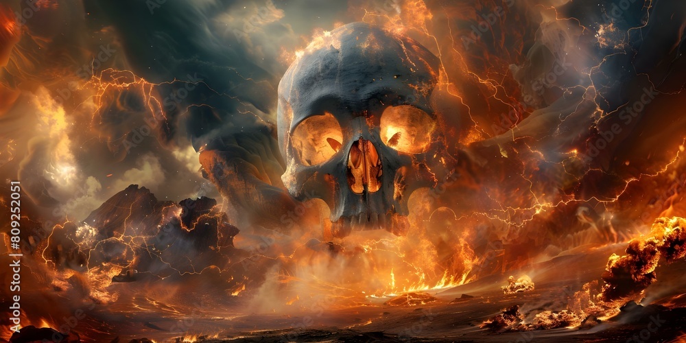 Gateway to the Demonic Lord: Giant Skull in Fiery Underworld Landscape ...