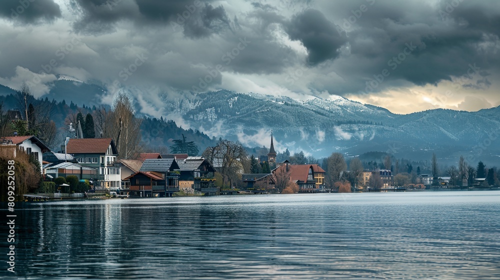 Fototapeta premium a lake with houses and mountains in the background