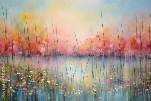 hopeful meadow by lake. abstract landscape painting, generative ai