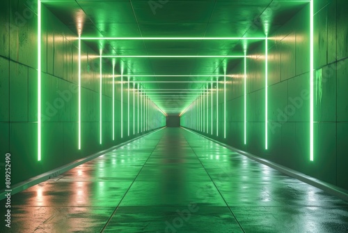 An empty underground green room like tunnel with bare walls and lighting metro
