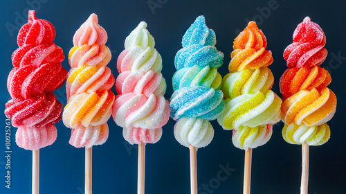 Marshmallow swirl kabobs on blue background. Good for culinary blogs and to children party organizer sites, parties and family events photo