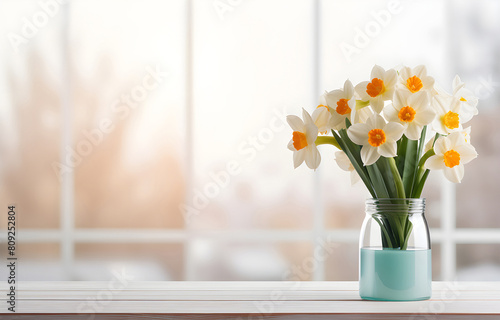 colorful narcissus flowers in transparent glass vase on white wo