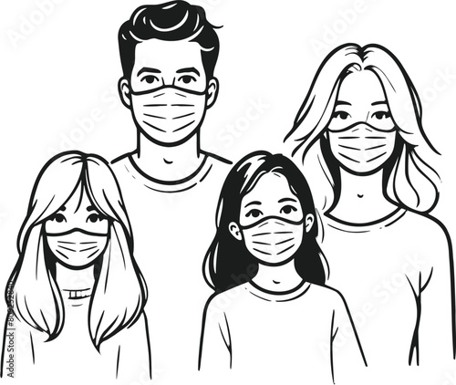 family wearing masks Group of people wearing medical masks to prevent disease Air pollution contaminates the earth, vector illustration in flat style.