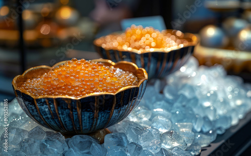 Red caviar in bowl on ice. arra Valley Caviar photo