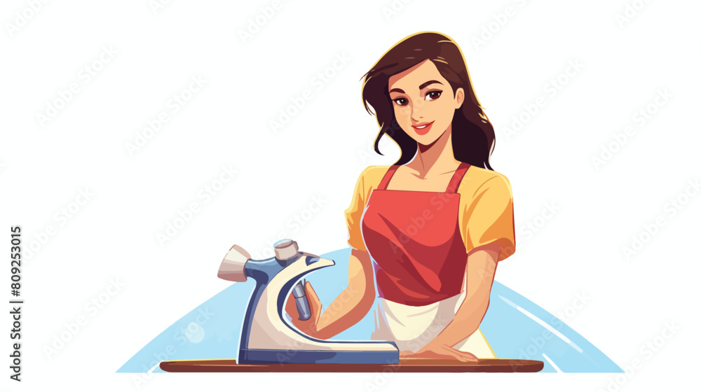 Pretty young woman housewife ironing linen shirt ca